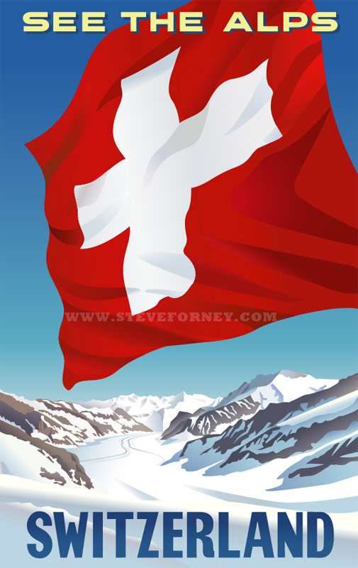 Swiss alps poster with a huge Swiss flag