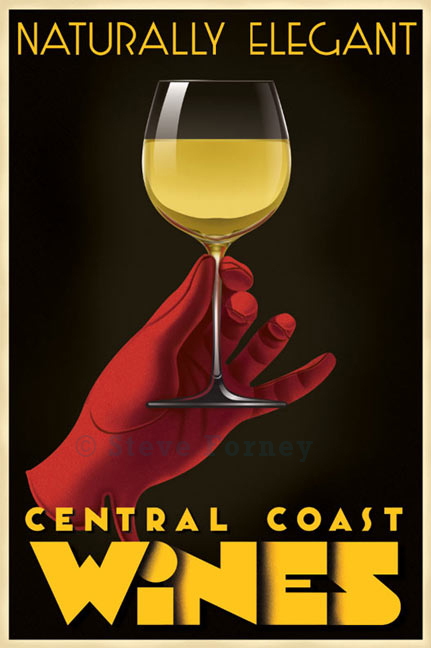 A red gloved hand holds a glass of white wine from California's central Coast